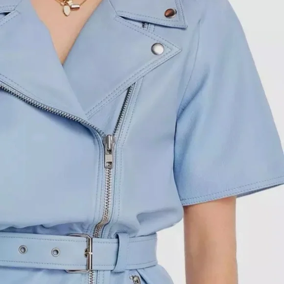 $749 Lini Women's Blue Margeaux Belted Asymmetric Full-Zip Leather Mini Dress - Picture 2 of 4